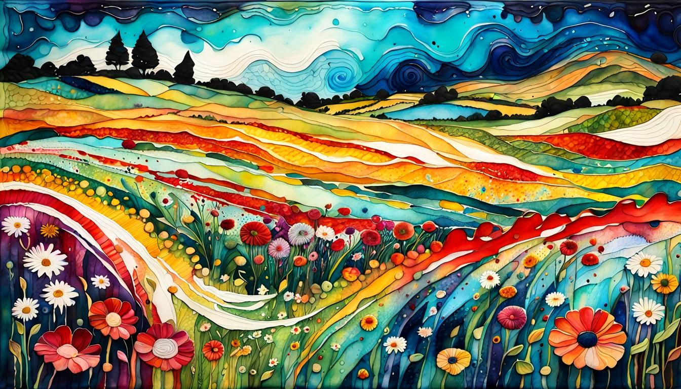 Colorful Flower Field in Expressionist Splash Art Style