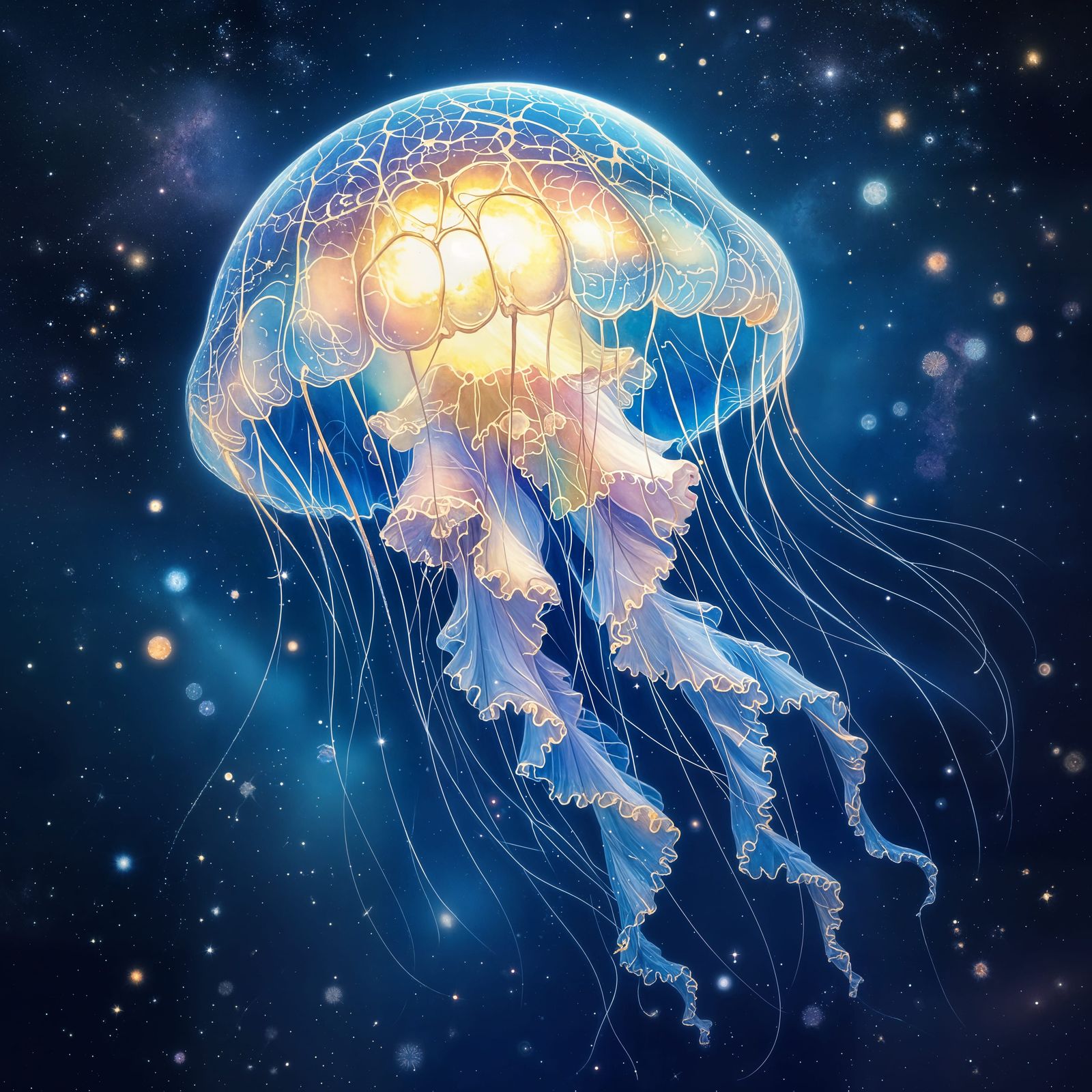 Celestial Jellyfish Floats Through Nebula in Alcohol Ink