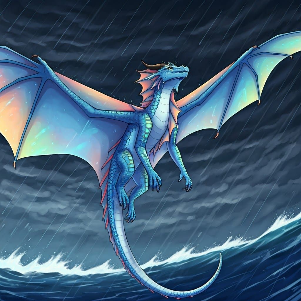 Iridescent Dragon Soaring Through Stormy Sky, Anime Style