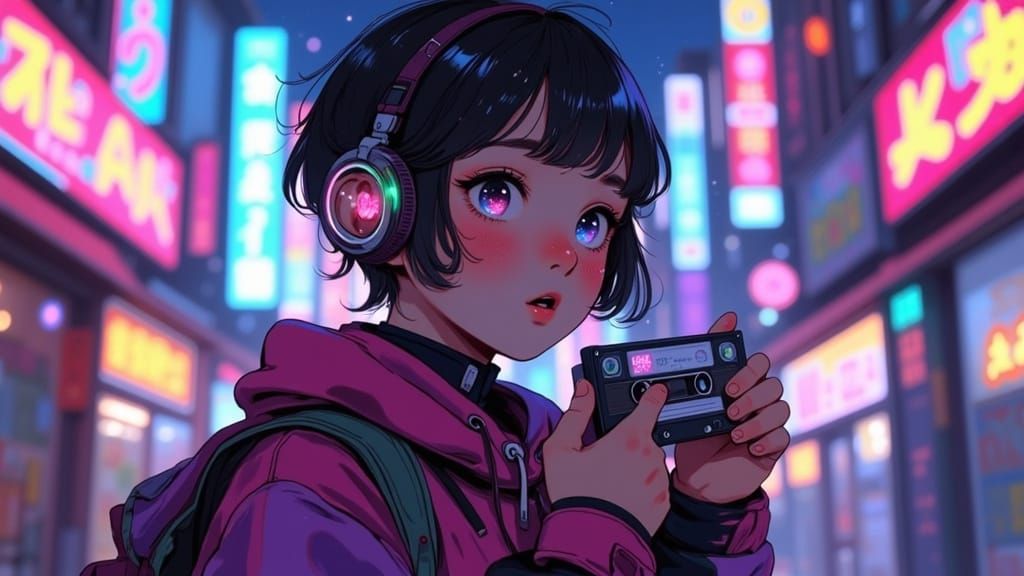 Teenage Ninja Girl with Neon Headphones in Japanese City