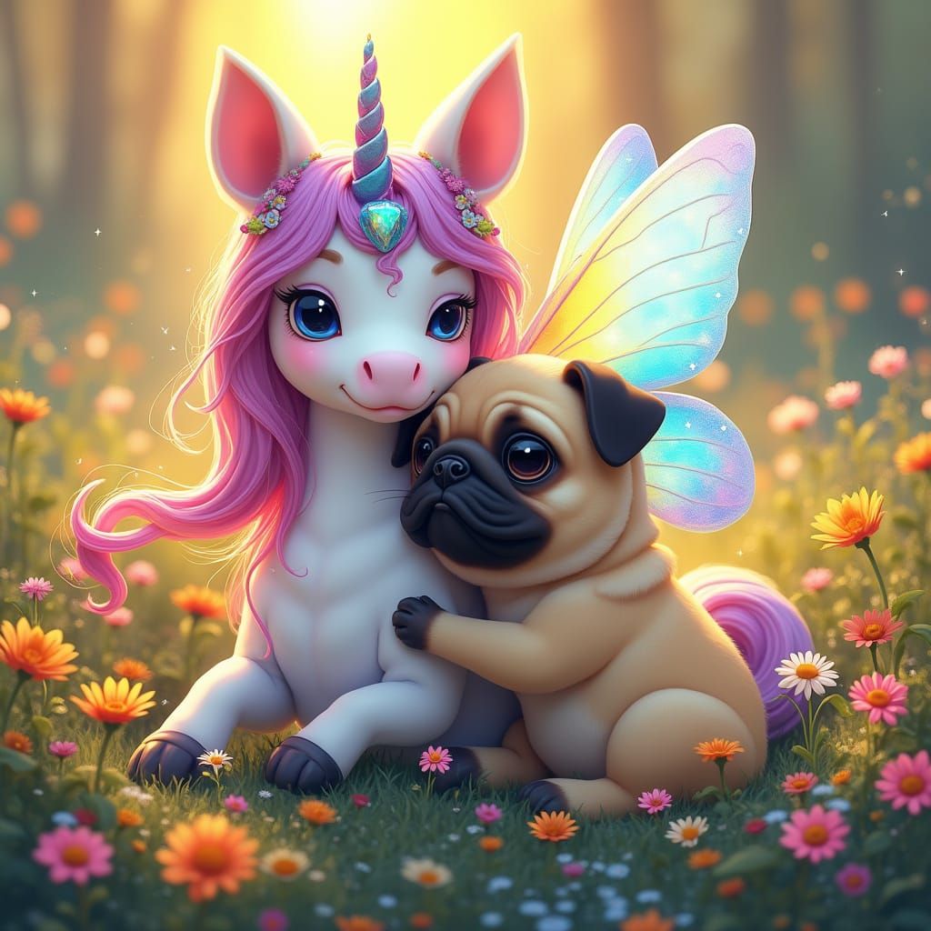 Whimsical Rainbow Unicorn with Pug in Floral Meadow