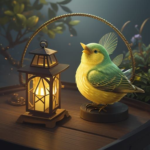 Luminous Bird Lantern in Fairy Garden: 3D Anime