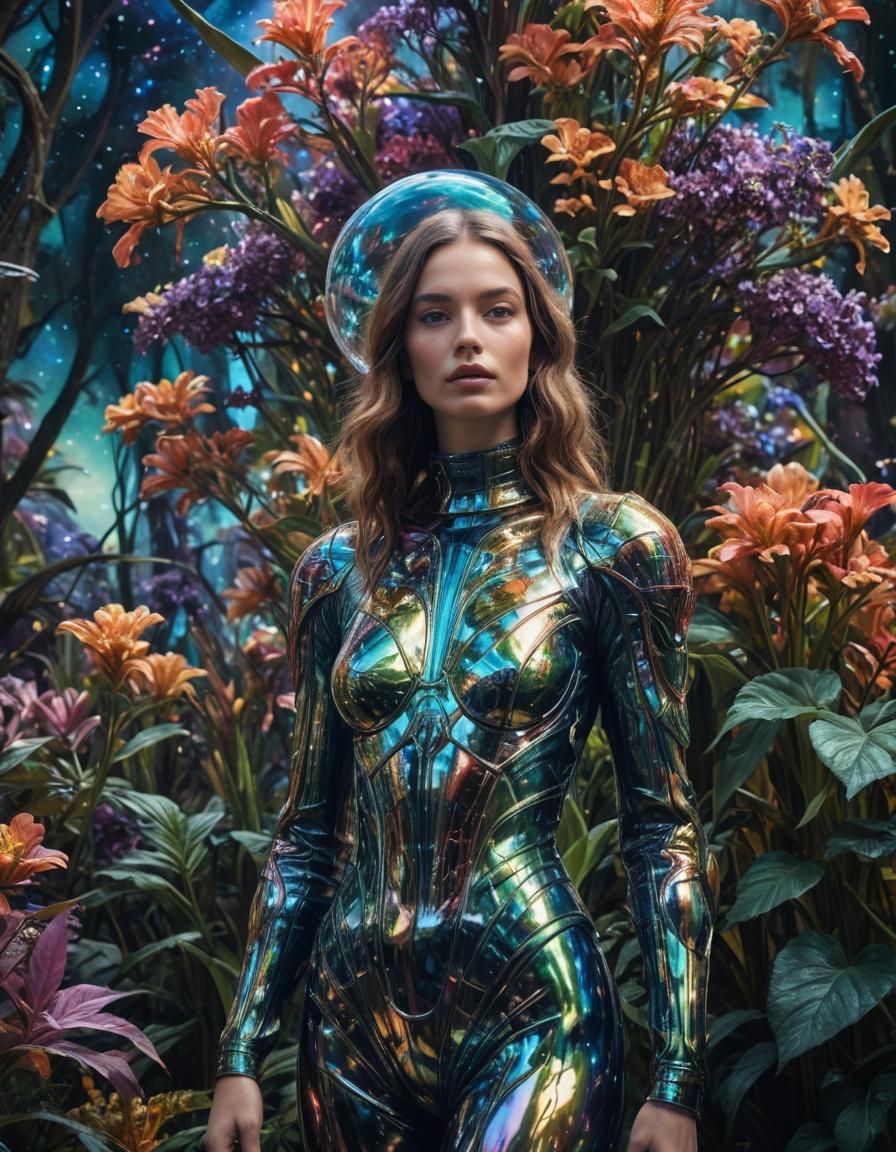 Surreal Portrait: Model in Cosmic Suit Among Alien Flora