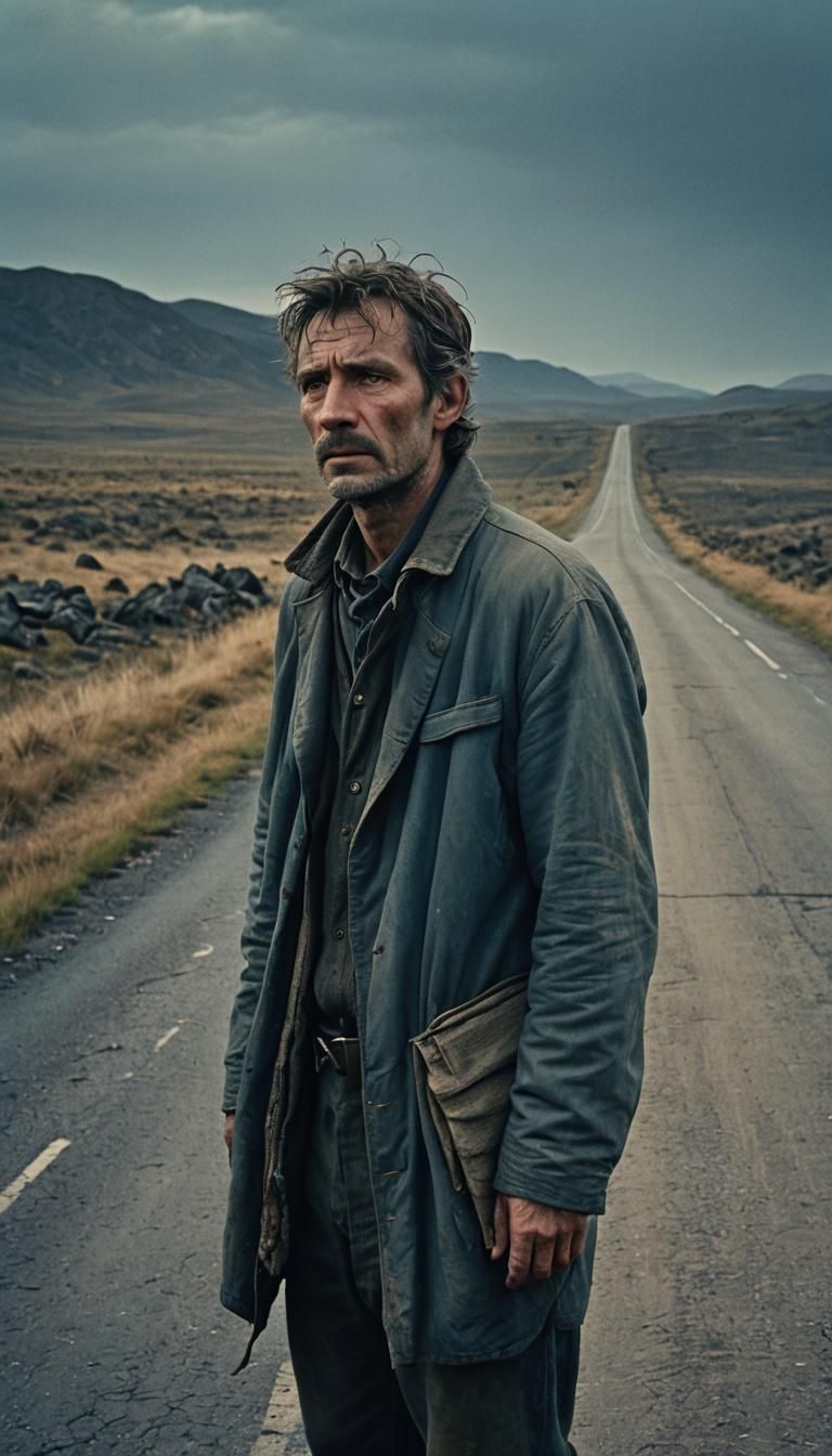 Weary Traveler Gazing Skyward: Cinematic Film Still