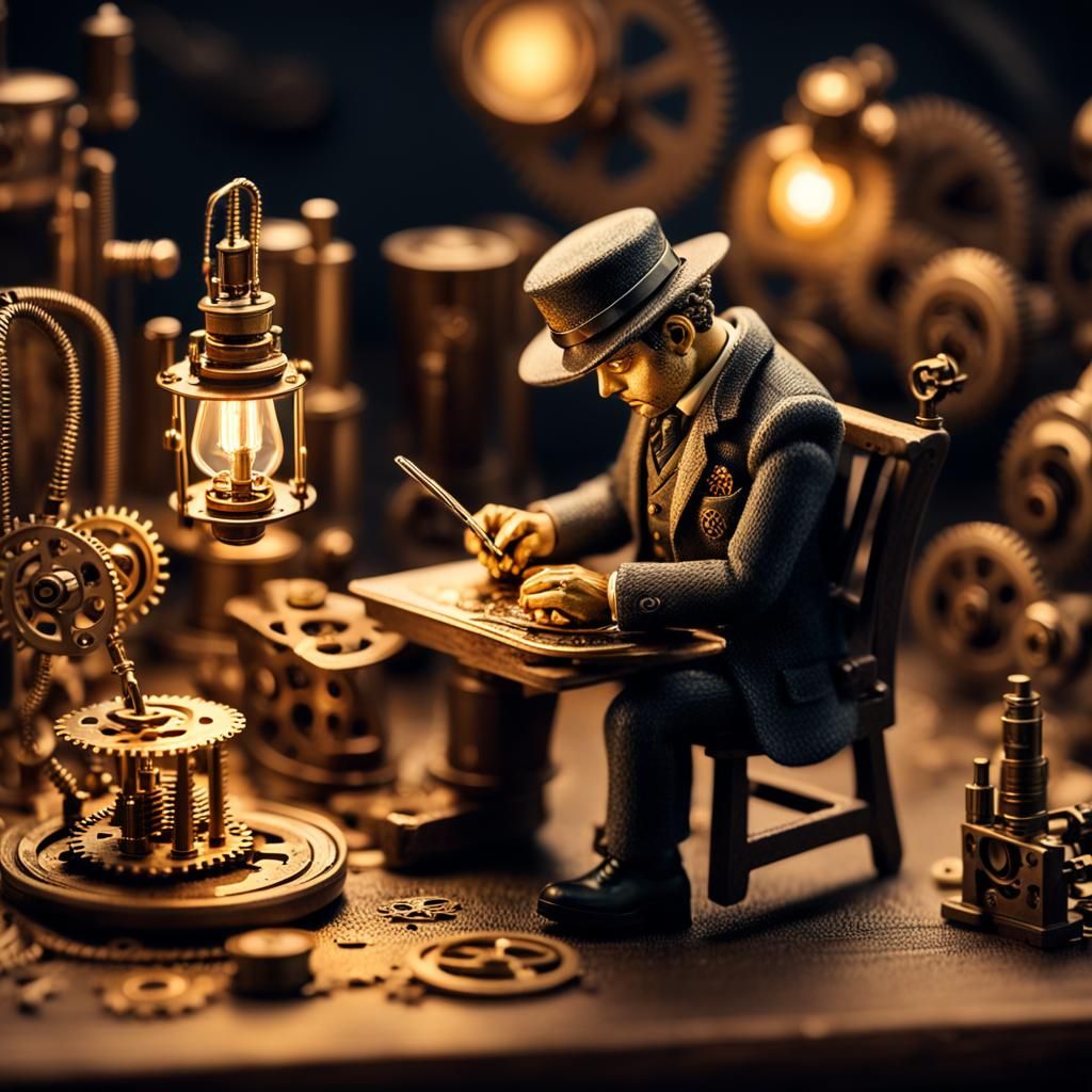 Miniature Steampunk Man Calculates Inside Cellphone