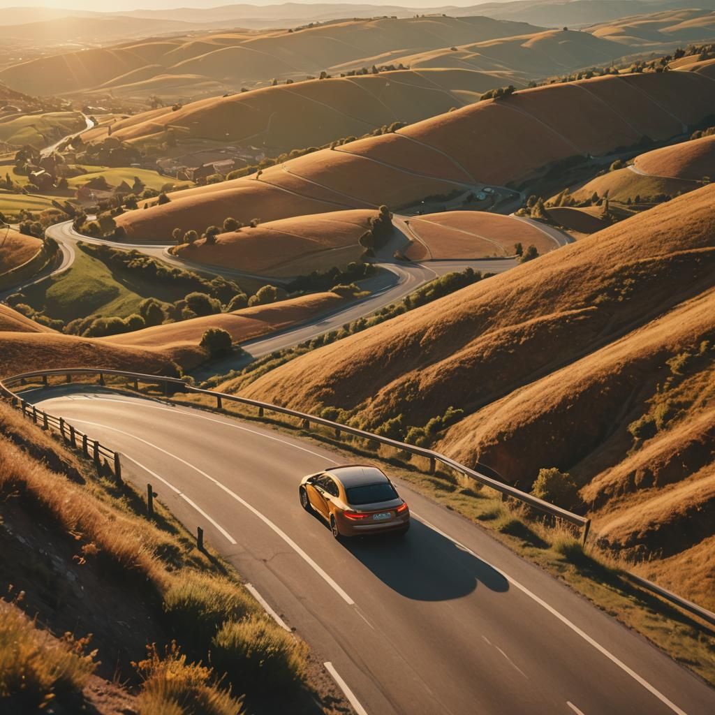 Car on Winding Road in Vibrant Oil Painting Style