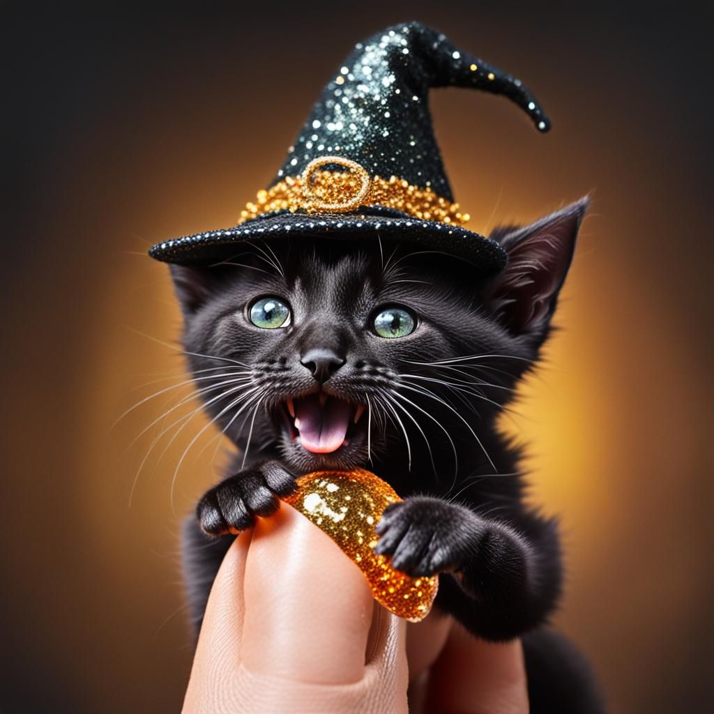 Miniature Kitten in Witch Hat: Photorealistic Macro
