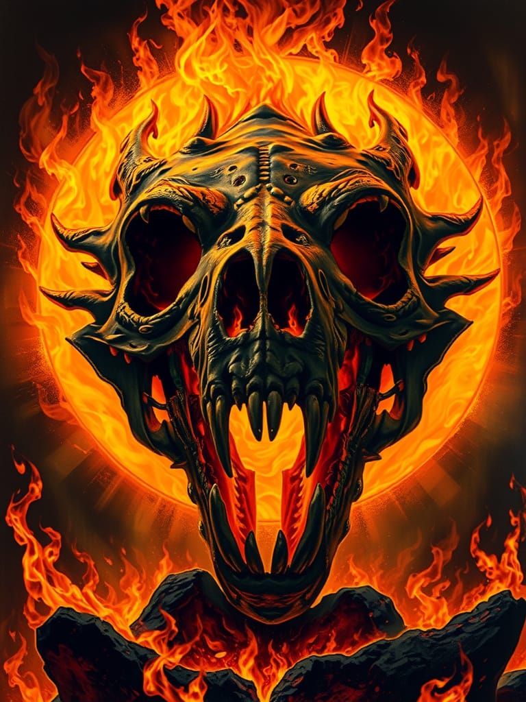Dragon Skull Inferno in Vibrant, Surrealist Style