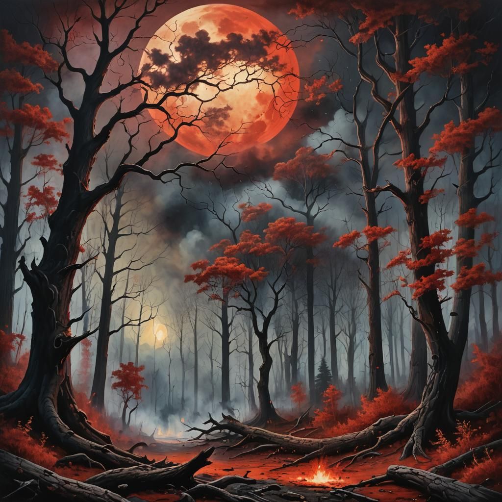 Surreal Forest Fire Under Blood Moon
