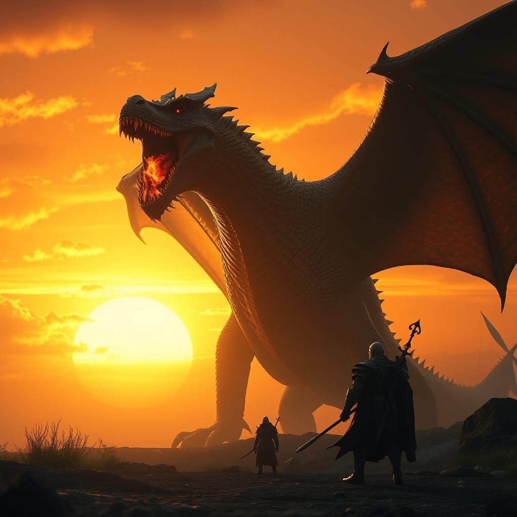 Ancient Gold Dragon Emerges in a Blazing Sunset