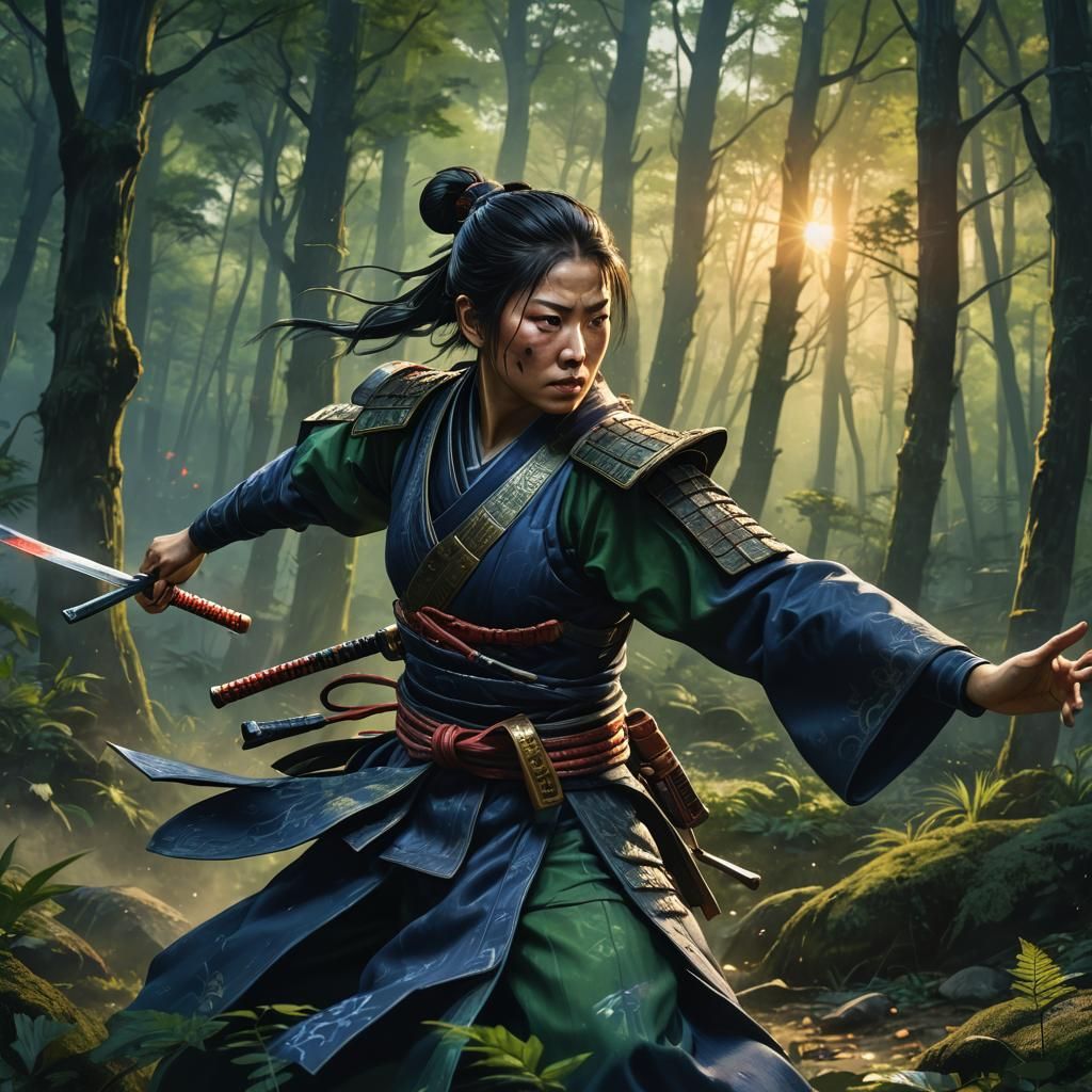 Samurai Warrior Battles Ghost in Lush Forest