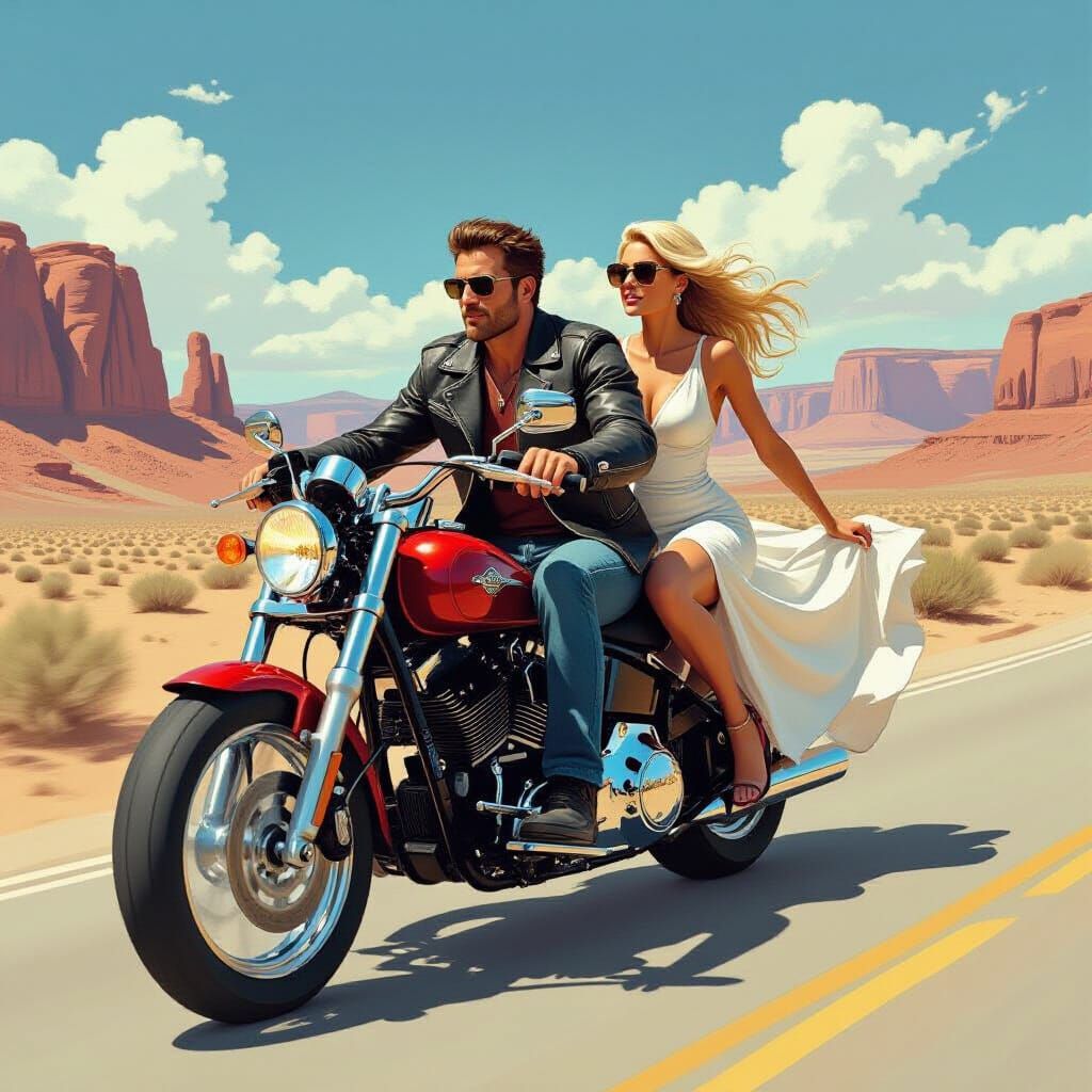 Motorcycle Ride Through Desert in Comic Book Style