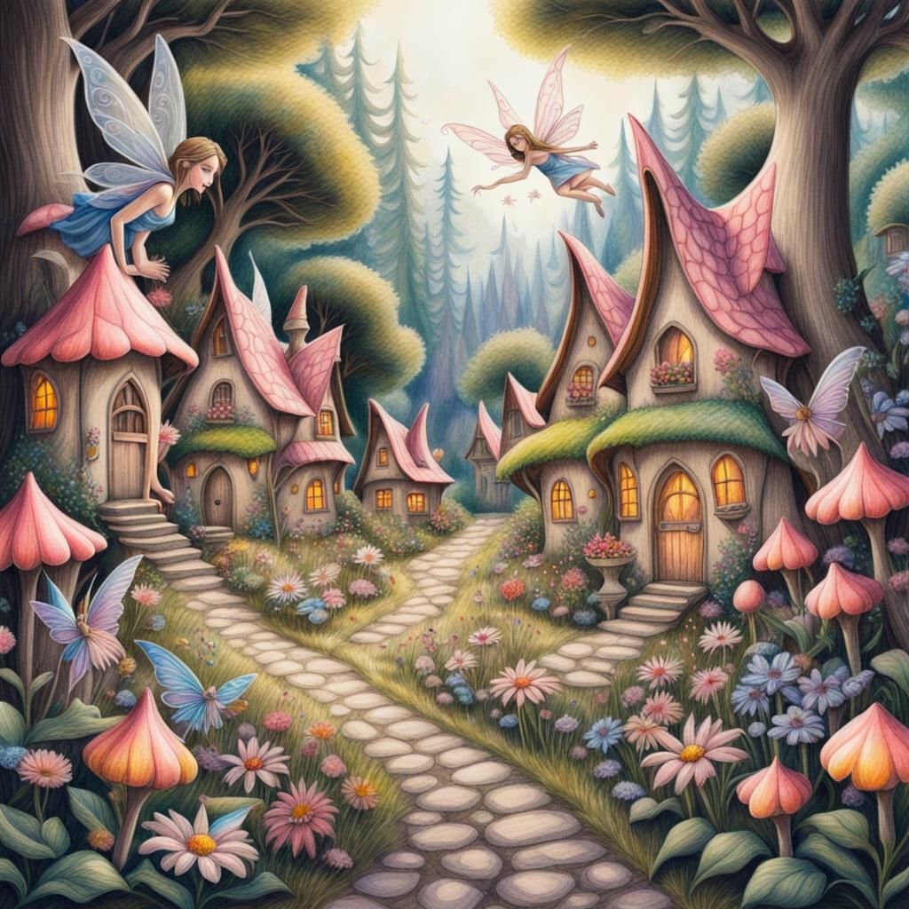 Fairy Village with Winged Fairies in Colored Pencil Style