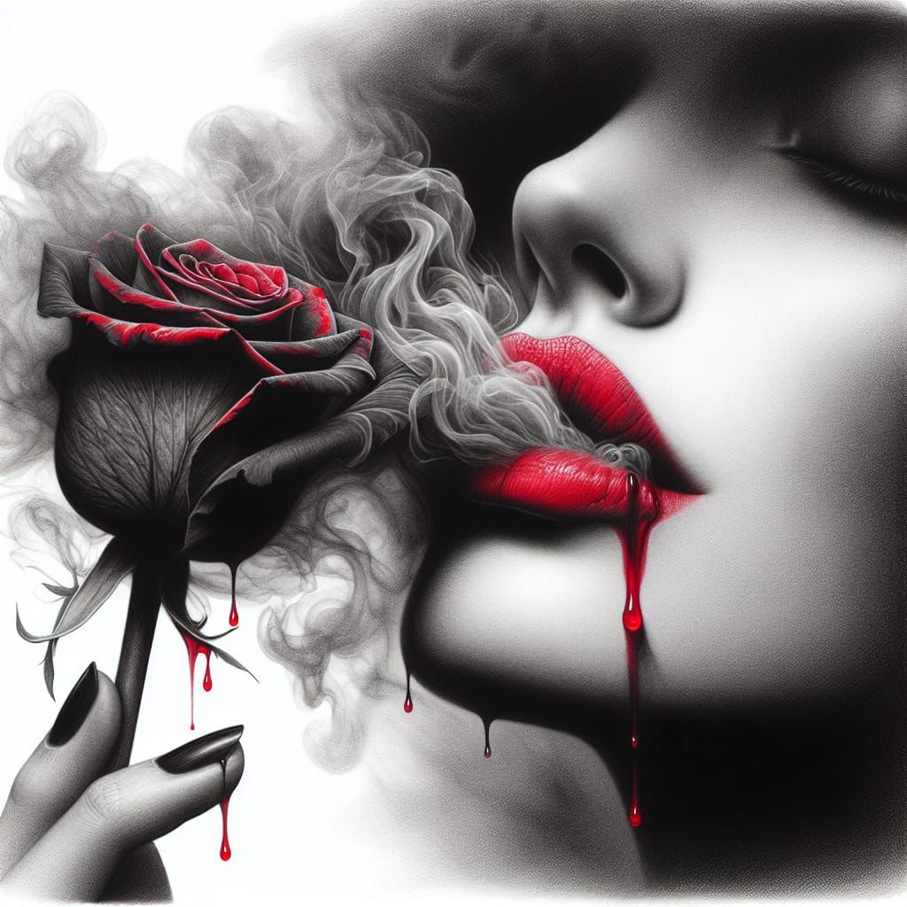 Mystical Woman's Silhouette with Red Rose, Pencil Sketch