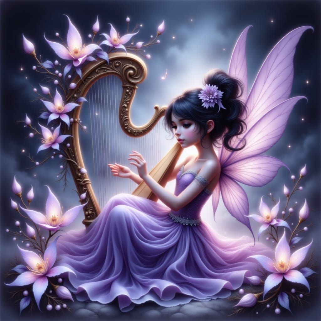 Whimsical Fairy Girl Plays Glowing Harp Under Midnight Sky
