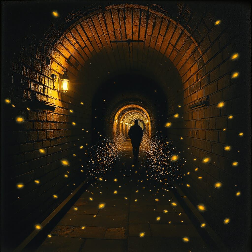Fireflies Illuminate Tunnel in Realistic Oil Painting