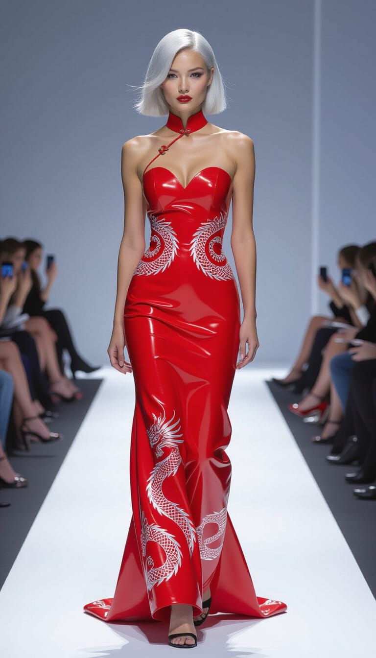 Futuristic Woman in Red Qipao, Dystopian Realism