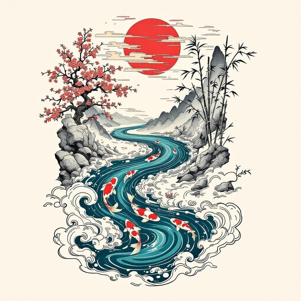 Neo-Japanese Tattoo Design with River and Koi