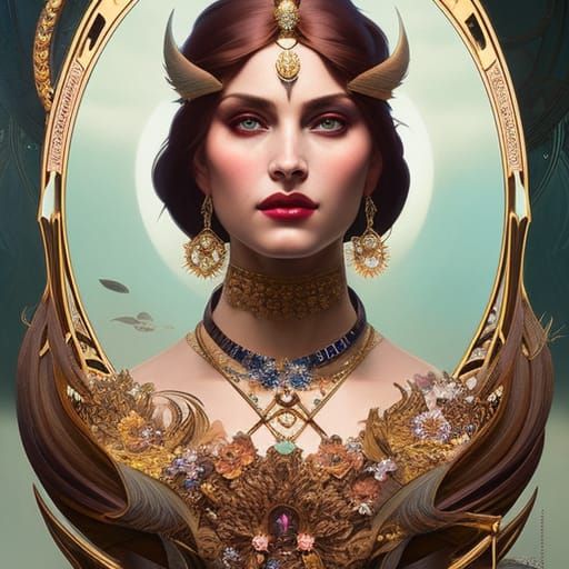Sorceress Portrait with Glistening Skin, Art Nouveau Style