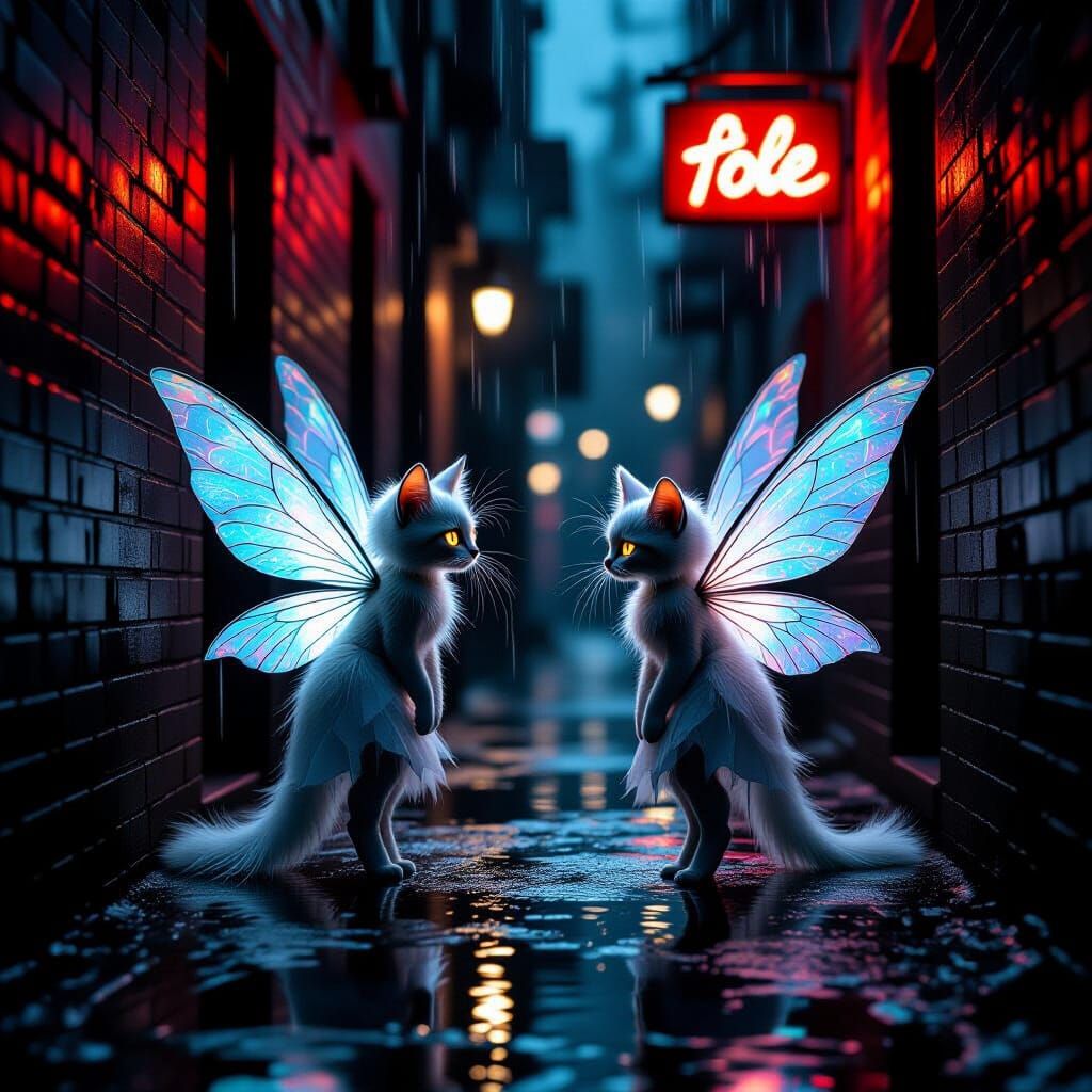 Cat Fairies in Gritty Urban Alley Under Neon Light