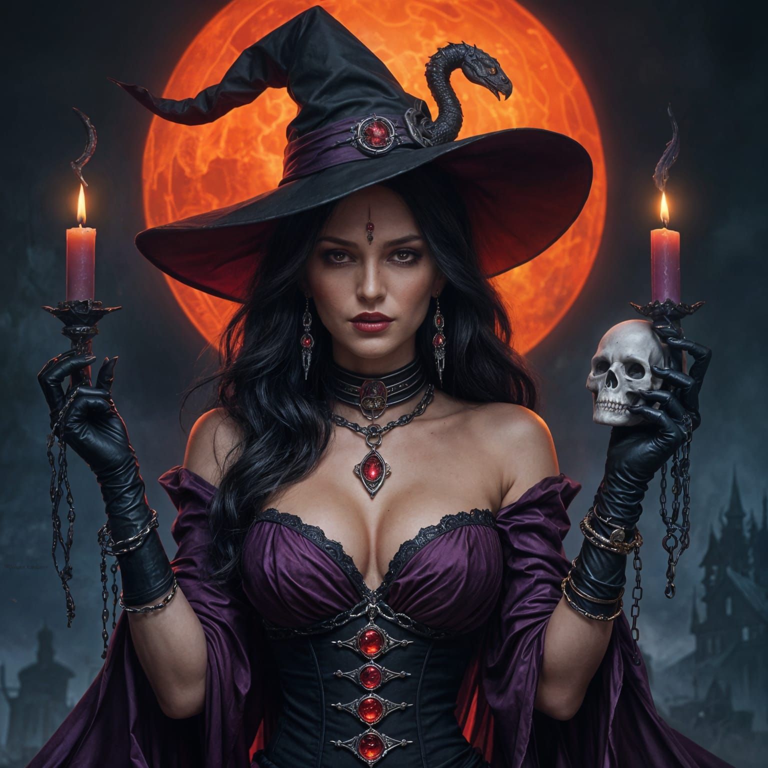 Beautiful Witch with Snake Jewelry and Dark Magic