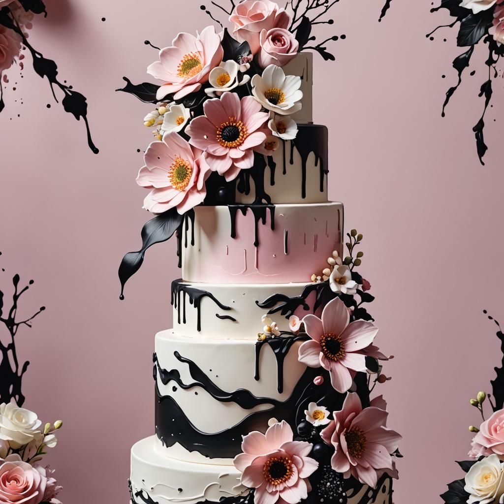 Hyperrealistic Wedding Cake with Flowers Splash Art