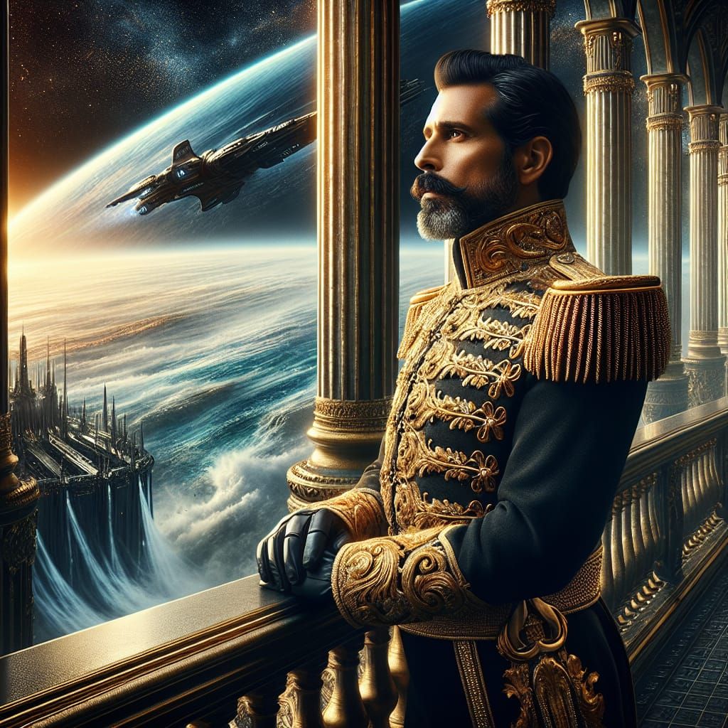 Opulent Sci-Fi Palace Scene with Hispanic Aristocrat