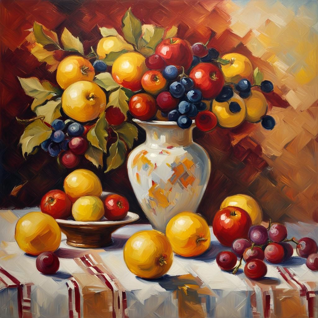 Still Life: Impressionistic Oil Painting with Fruit and Flow...