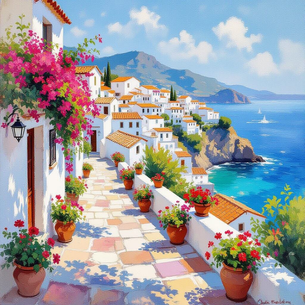 Mediterranean Village Terrace in Impressionistic Watercolor ...