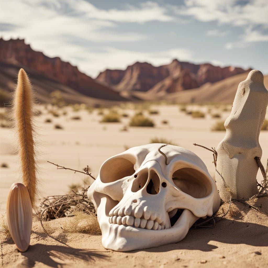 Garden Gnome in Desert with Cow Skull