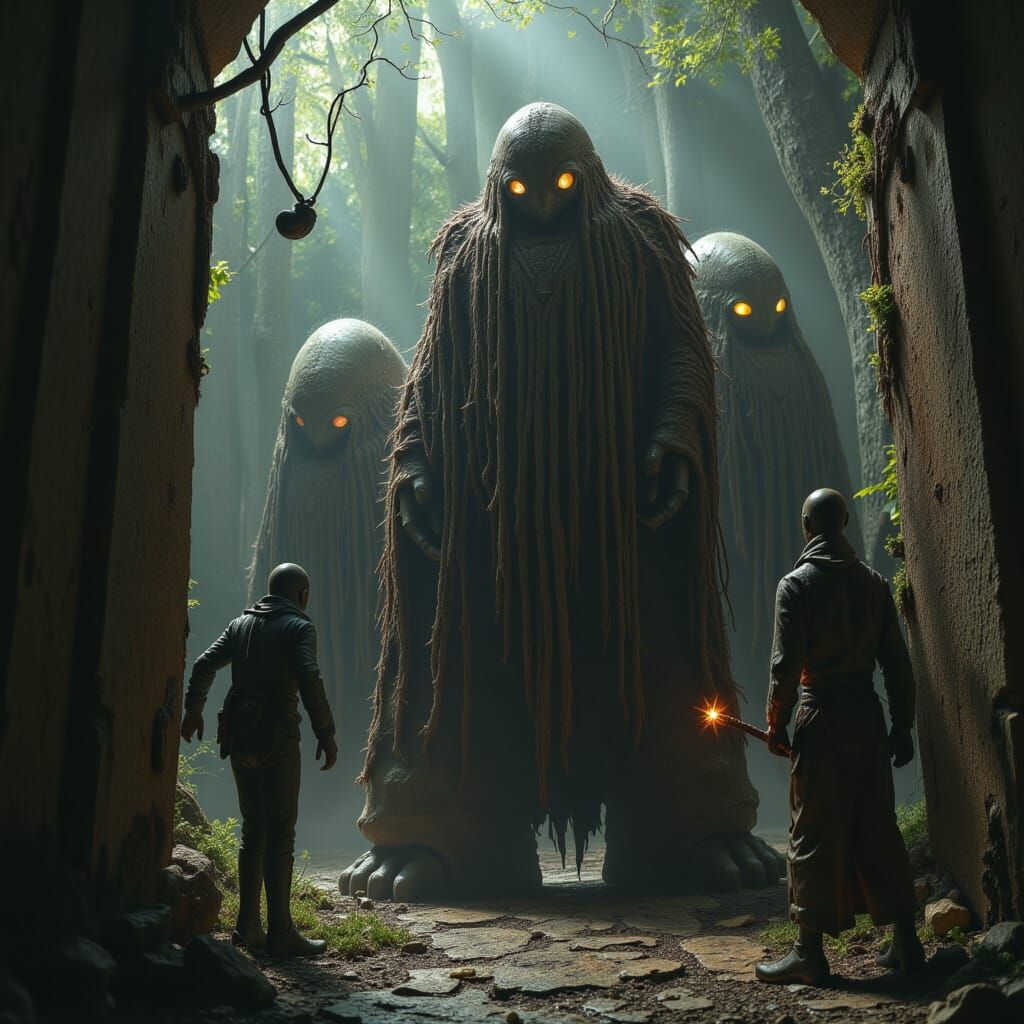 The eerie Nephilim male giants waiting to pounce on humans.<lora:-Stitchies Twilight-:1.0><lora:Ancient Aliens:1.0>