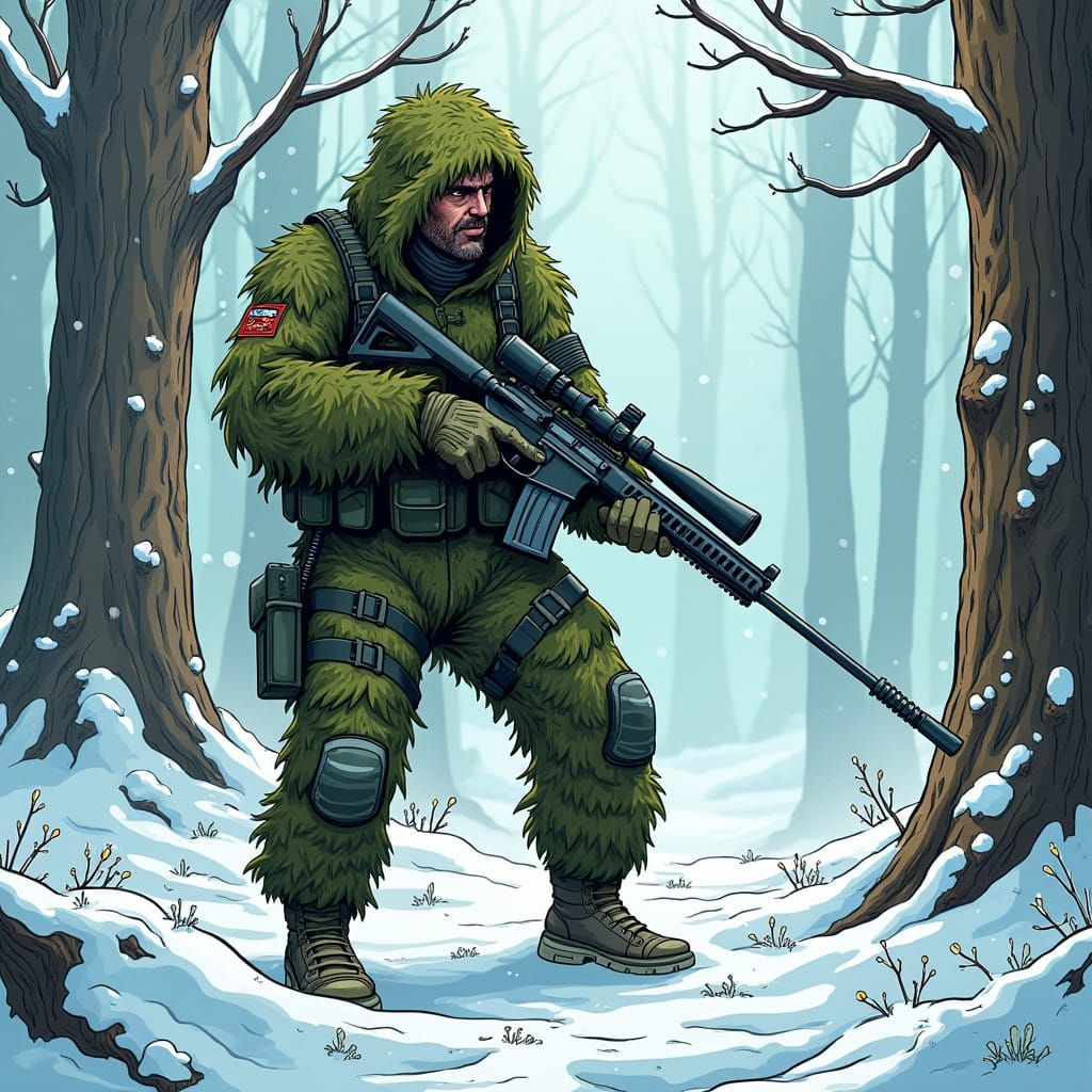 Snowy Military Base in Cartoon Style with Camouflaged Sniper