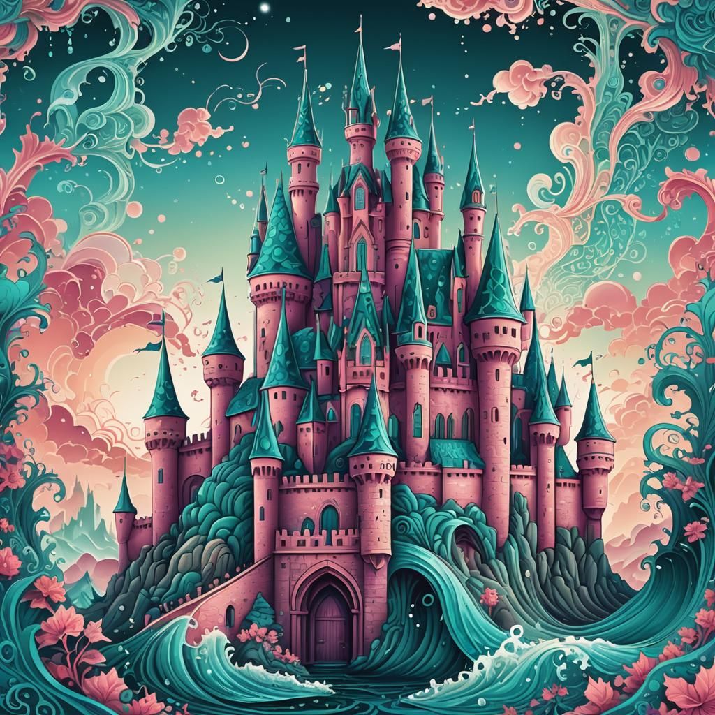 Teal and Rose Castle with Monster in Abstract Vector Art