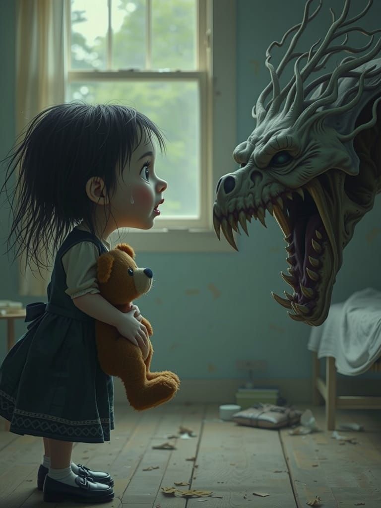 Frightened Girl and Ghost in Burtonesque Style