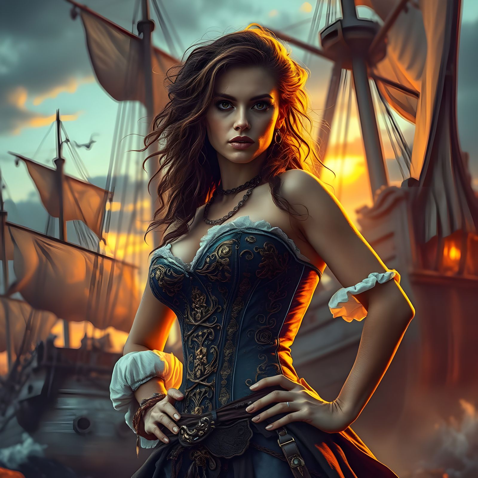 Pirate Queen in Ancient Shipwreck Sunset