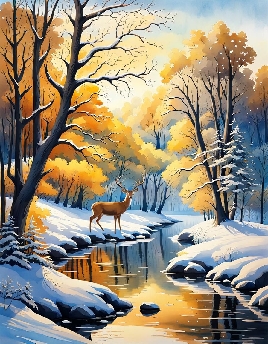 Winter River Scene with Deer: Ethereal Matte Painting