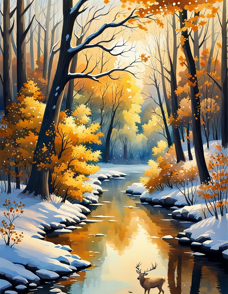 Winter River Scene with Deer in Detailed Matte Painting