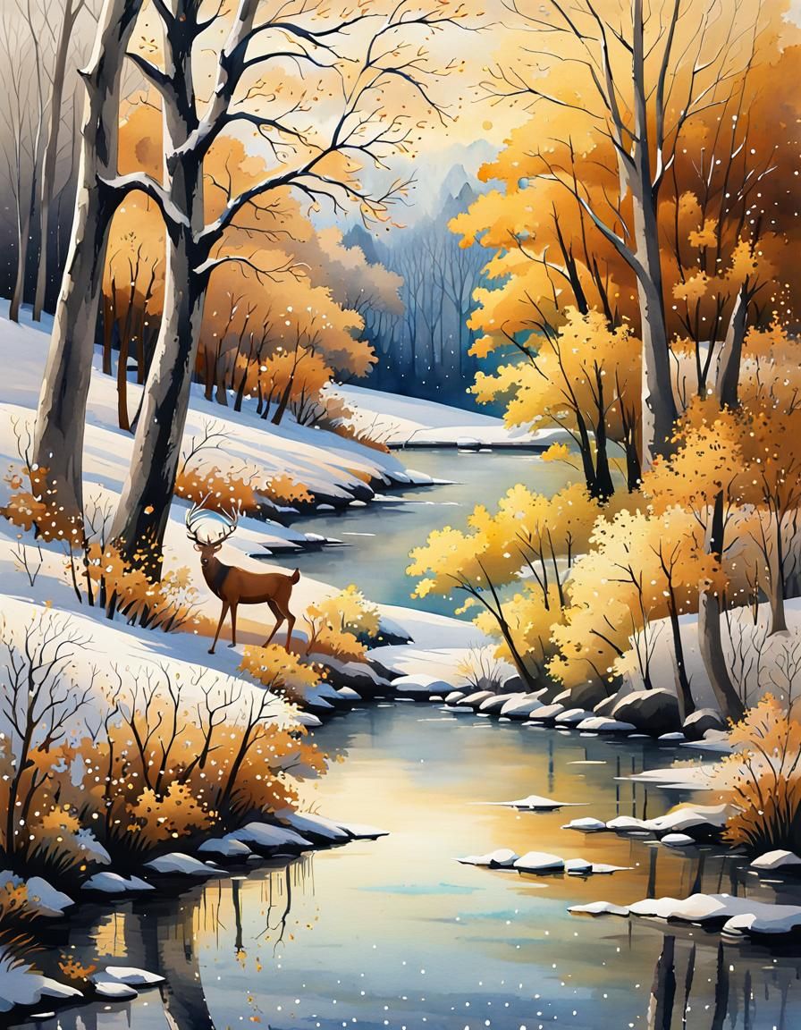 Winter River Scene with Deer in Matte Painting Style