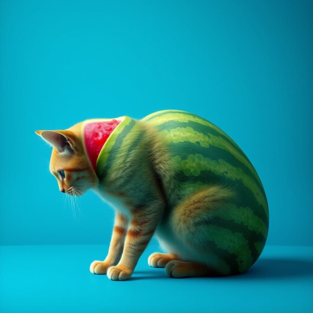 Surreal Watermelon Cat in Vibrant, Gradient Blue