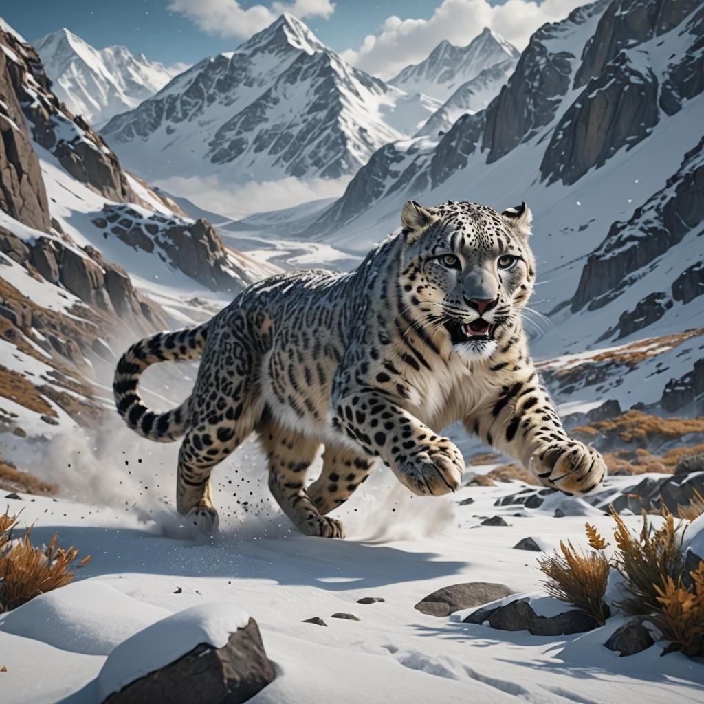 Snow Leopard Running in Winter Landscape: Matte Painting