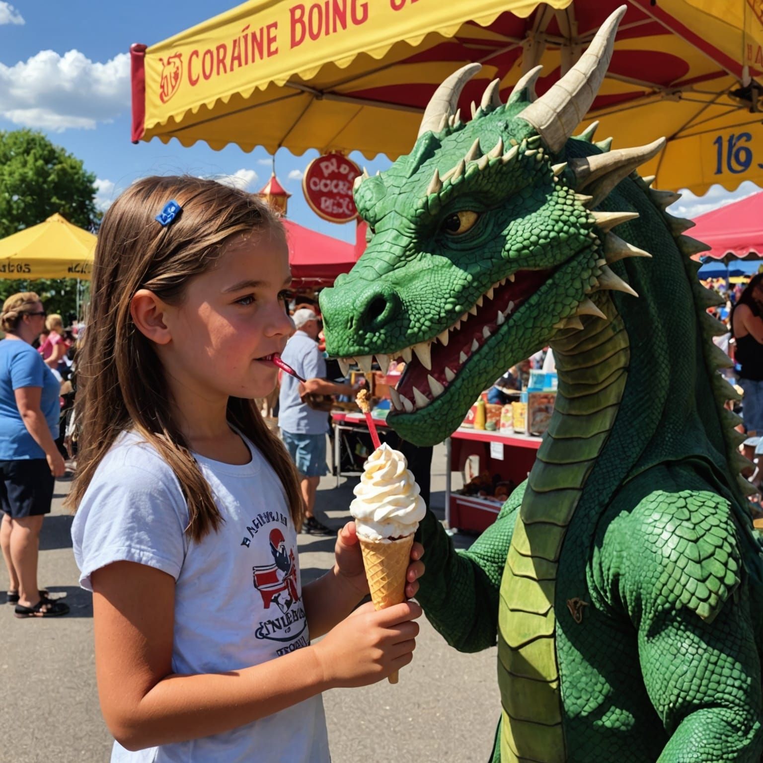 Girl and Dragon Share Ice Cream at Fair