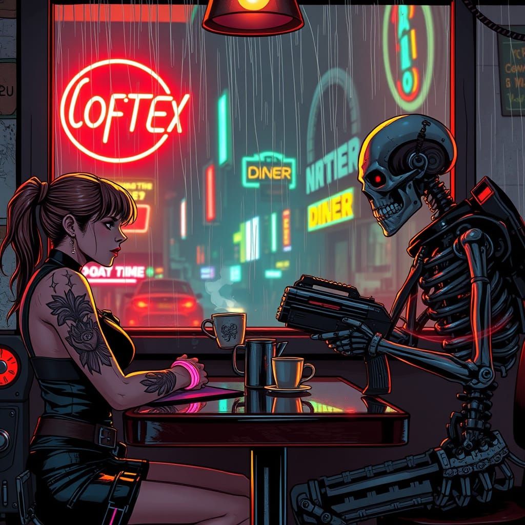 Cyberpunk Mercenary Meets Skeletal Android in Neon Diner