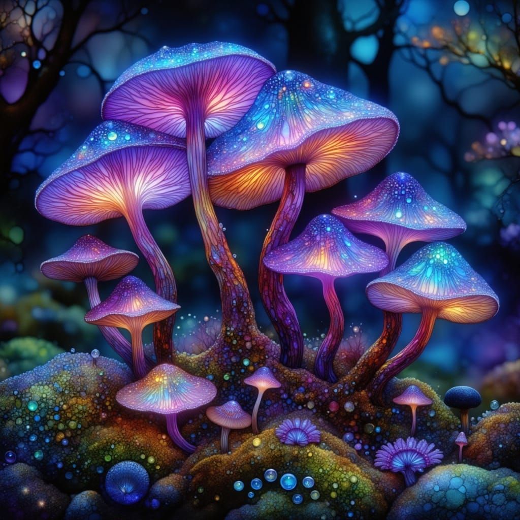 Bioluminescent Mushrooms Glow in Enchanting Forest