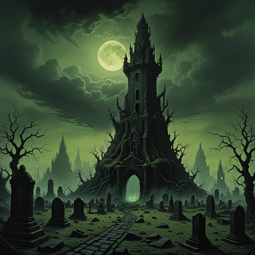 Gothic Necromancer's Tower in Ancient, Misty Graveyard