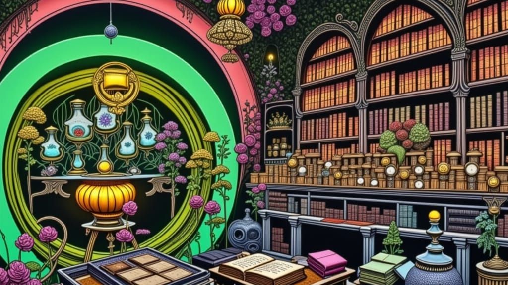 Mysterious Alchemist Study with Glowing Potions