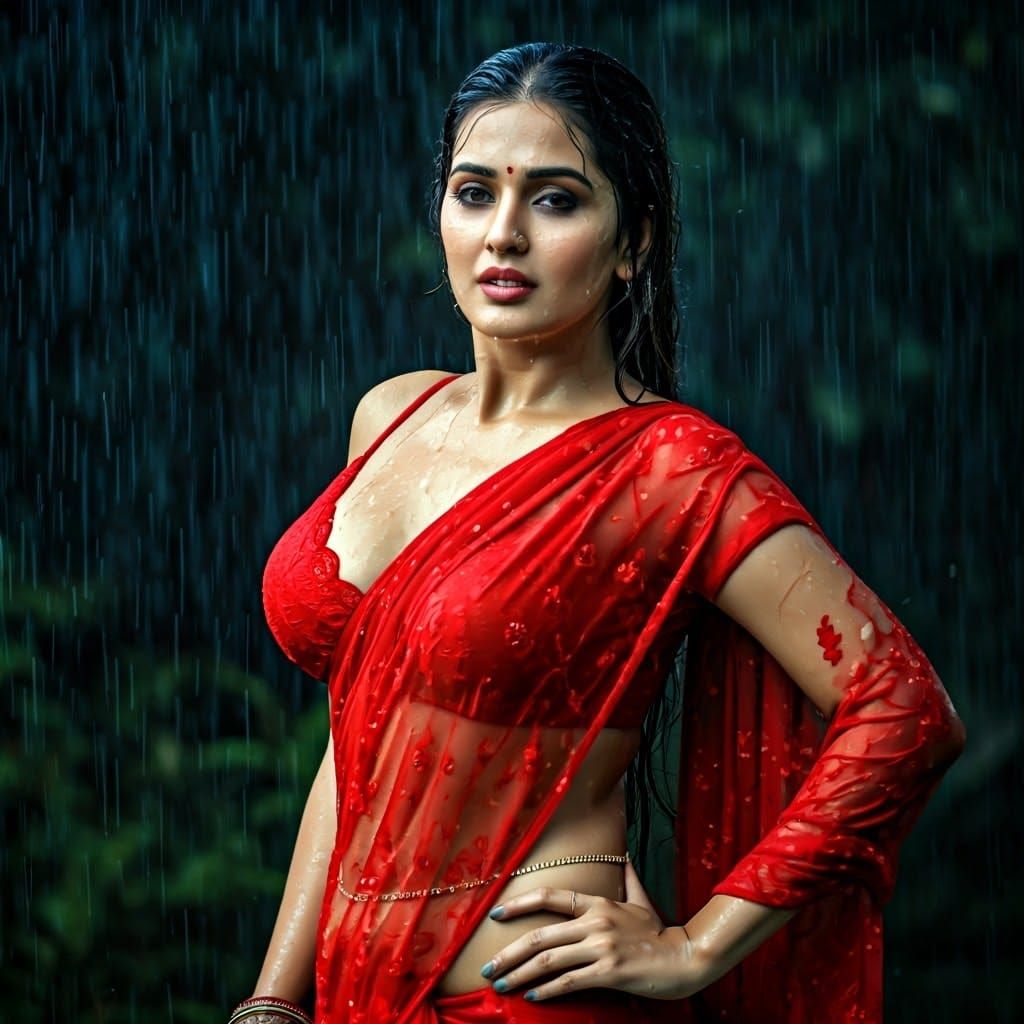 Sultry Indian Goddess in Vibrant Red Saree