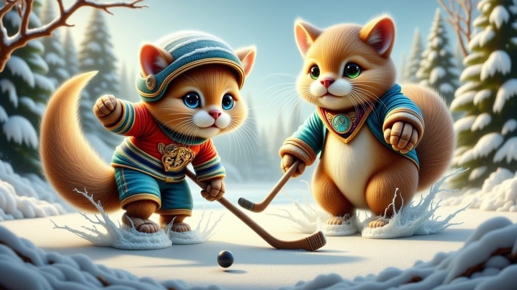 Cat and Beaver Hockey Game in Winter Wonderland