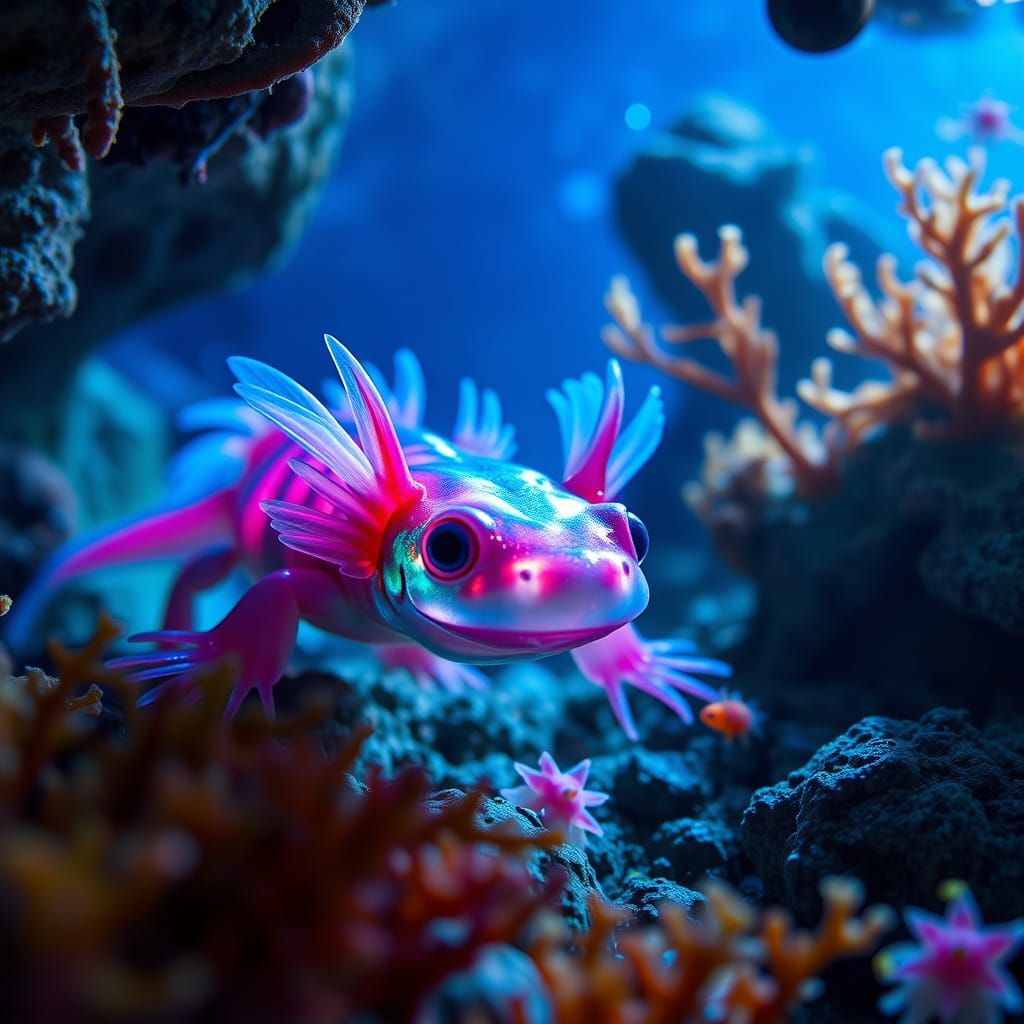 Surreal Axolotl Explores Iridescent Underwater Realm