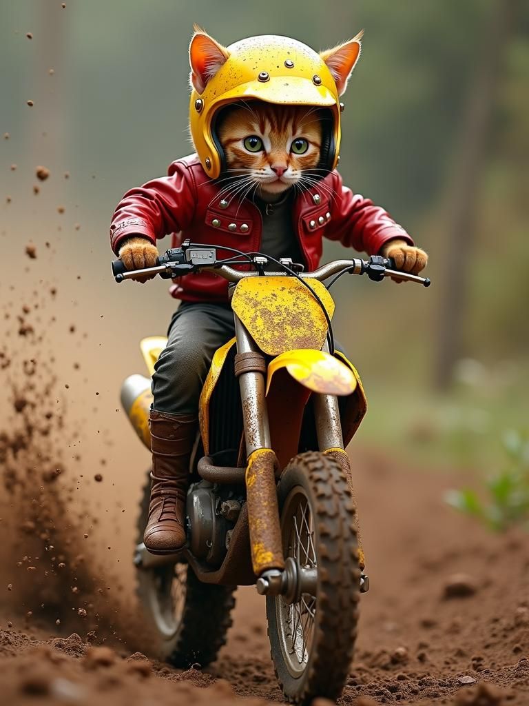 Ginger Tabby Cat on Motocross Motorcycle, Photorealistic Sty...