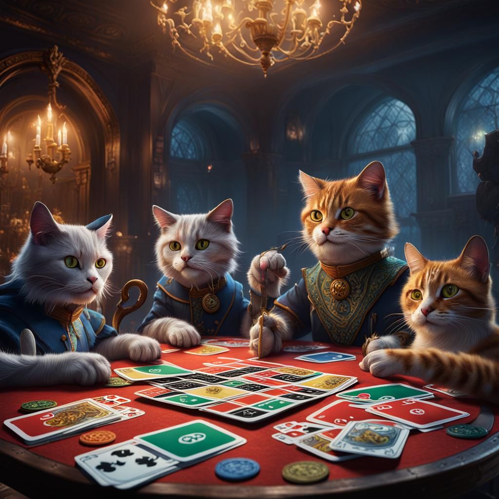 Cats Playing Uno: Detailed Fantasy Concept Art